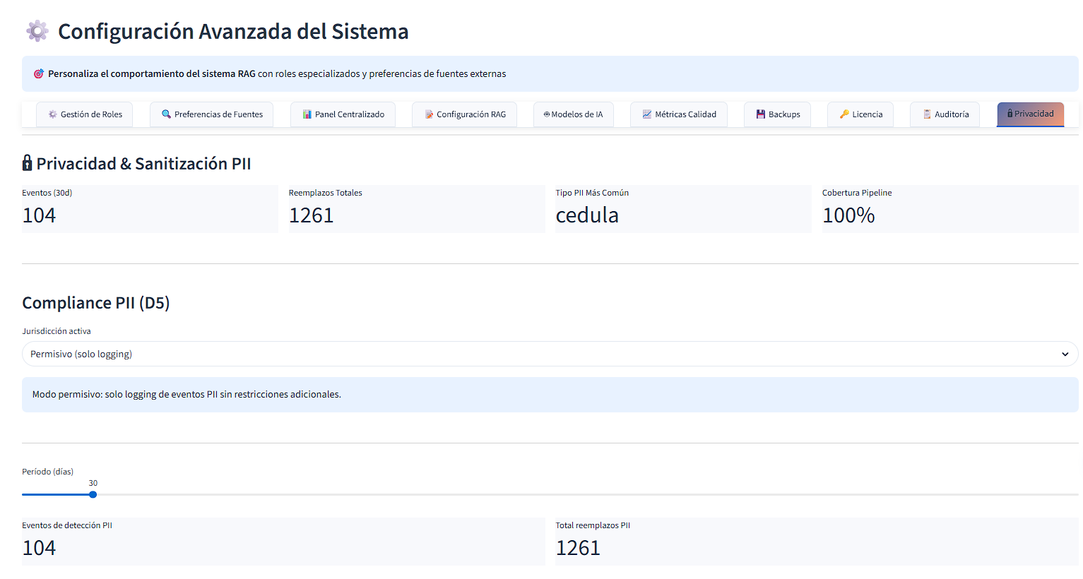 Panel avanzado de privacidad con configuración de sanitización PII y modo offline
